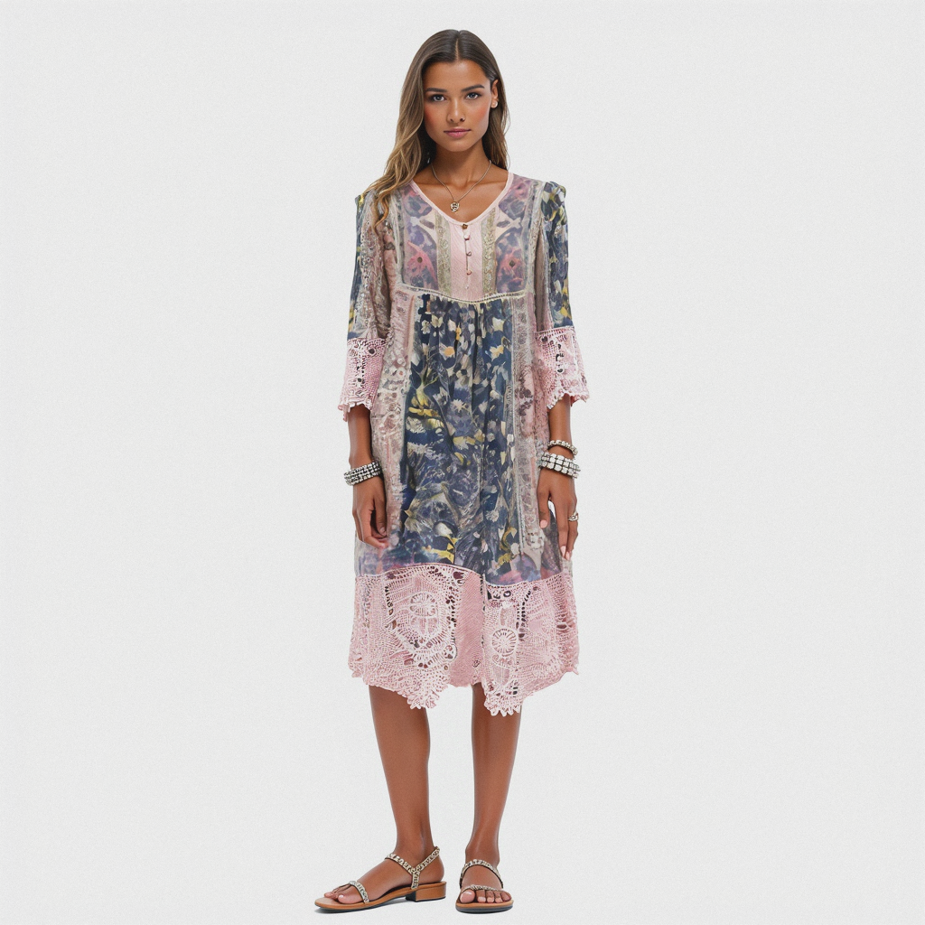 ZUZANA | Elegantní boho tunika s krajkou a květinovým vzorem
