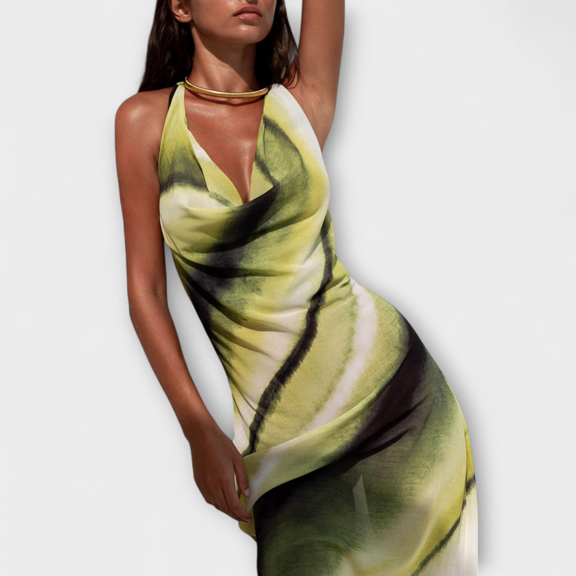 ZUZANA | Klasická Tie-Dye Gradient Tisknutá Cowl Neck Halter Tie-up Dovolená Maxi Šaty