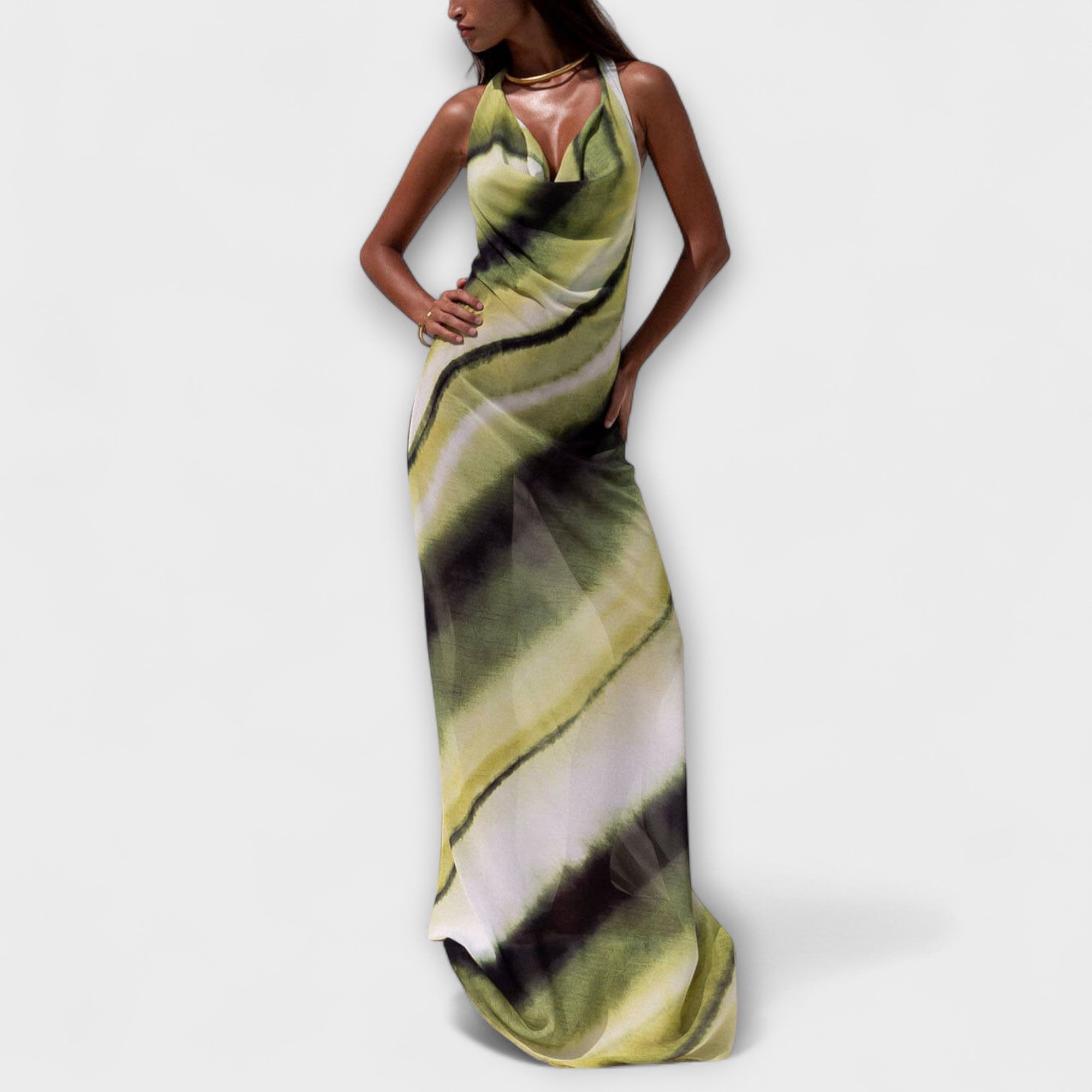 ZUZANA | Klasická Tie-Dye Gradient Tisknutá Cowl Neck Halter Tie-up Dovolená Maxi Šaty