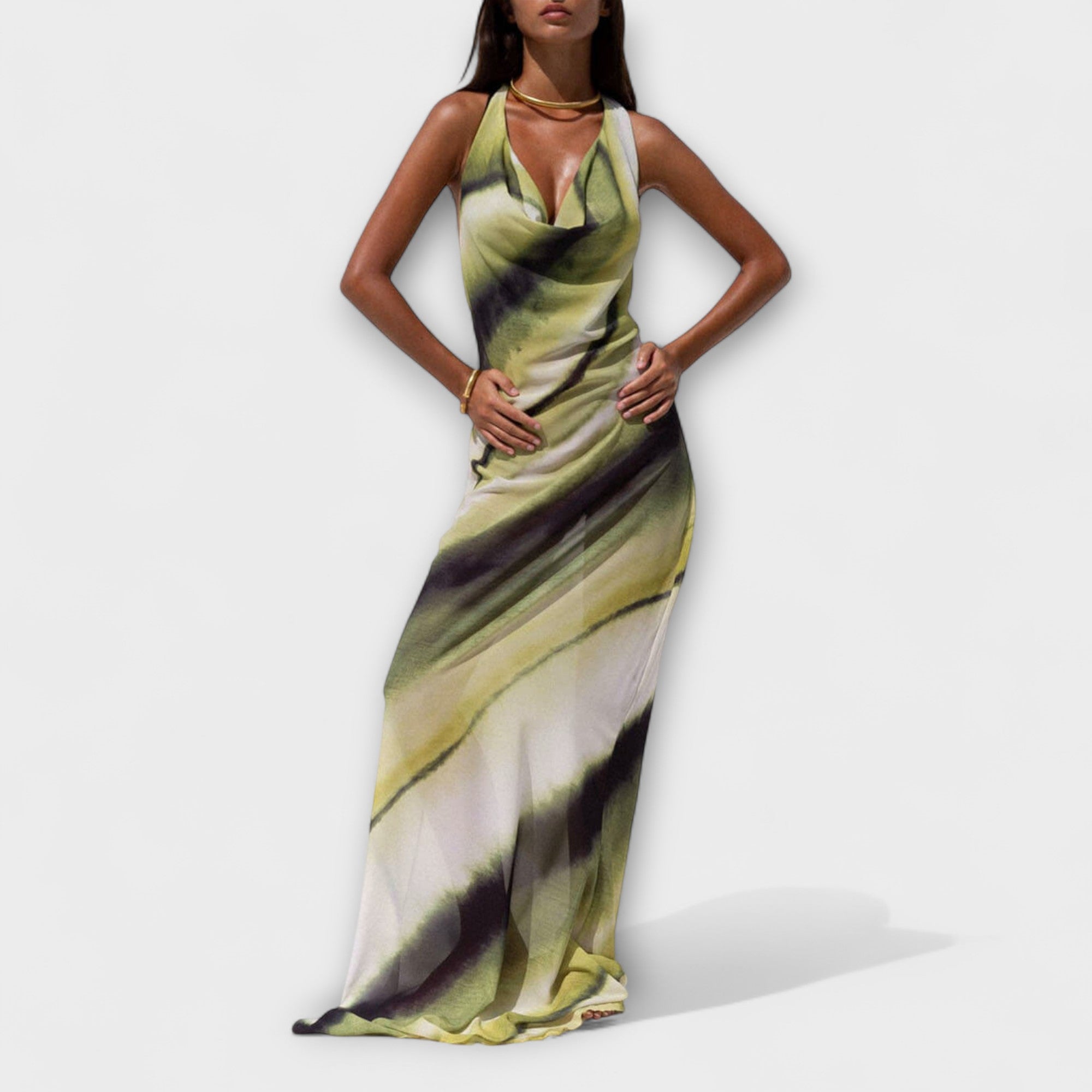 ZUZANA | Klasická Tie-Dye Gradient Tisknutá Cowl Neck Halter Tie-up Dovolená Maxi Šaty