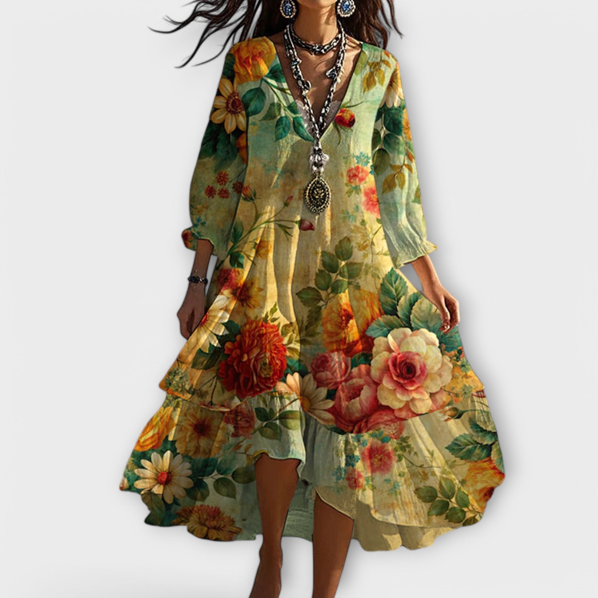 ZUZANA | Vintage Boho Květinový V-krk Šaty